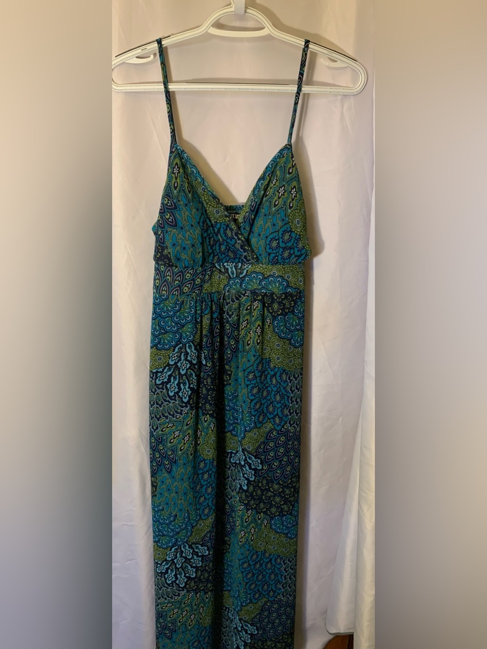 Apt. 9 Babydoll Maxi Sundress Dress Green Navy Peacock Lined Side Zipper Large